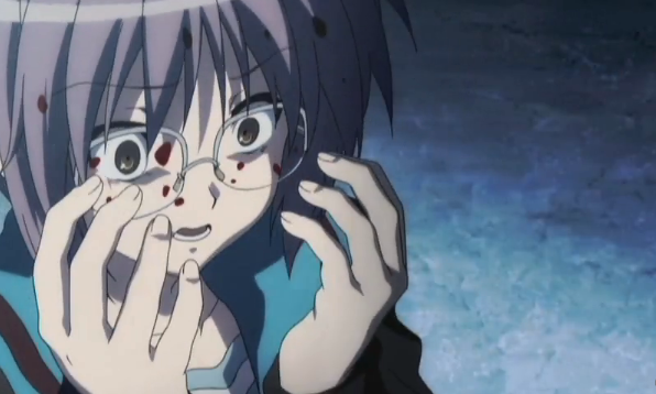 Screenshot of Yuki Nagato spattered with blood and staring at her hands from The Disappearance of Haruhi Suzumiya movie