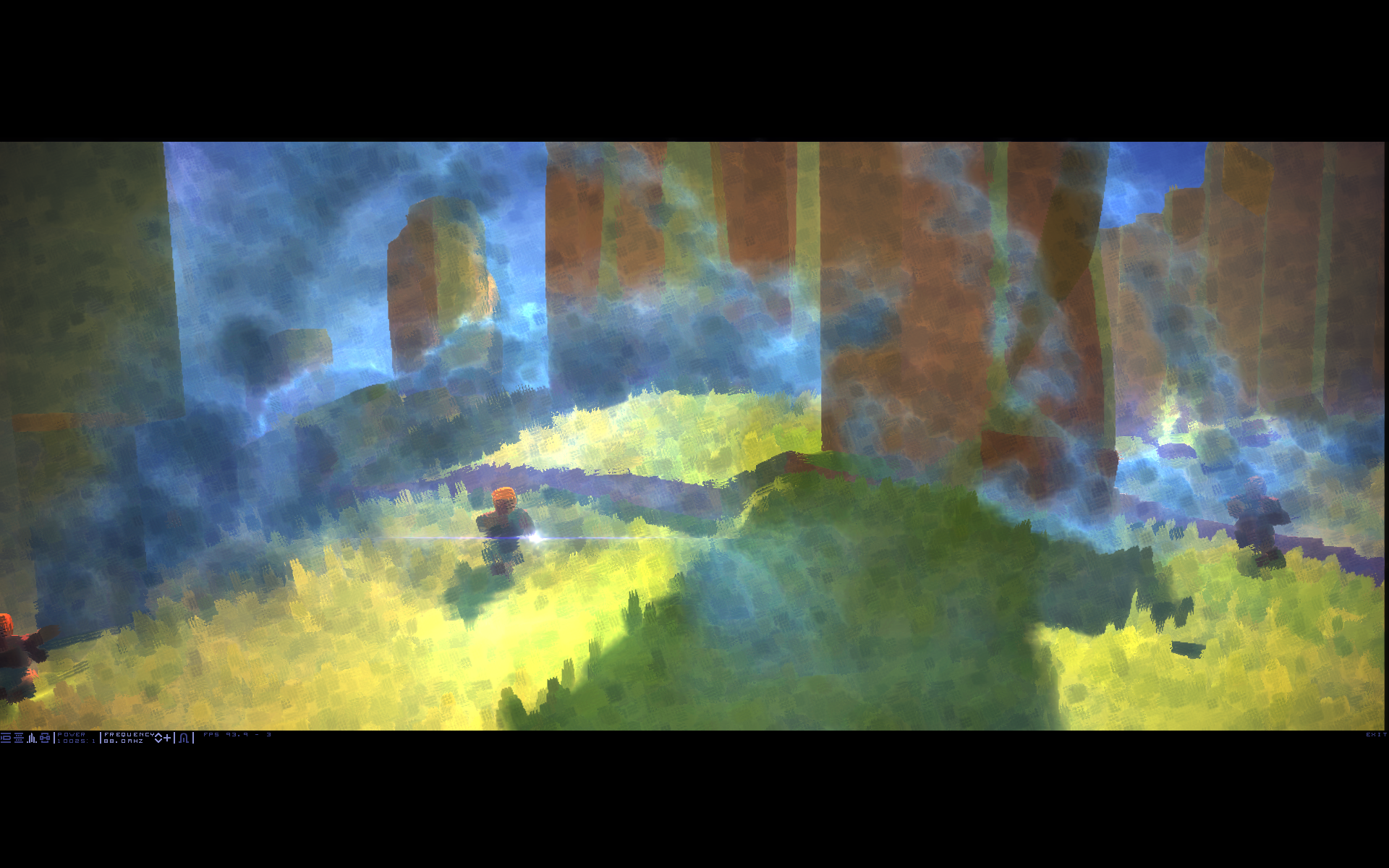 A screenshot from the game Love.  This is an outdoor scene showing grass, rock outcroppings, some players, and the games impressionist art style.